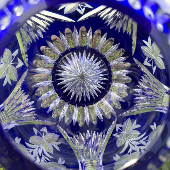 Bohemian Crystal Cobalt Blue Cut to Clear Large Rose Bowl 7” - Picture 3 of 11